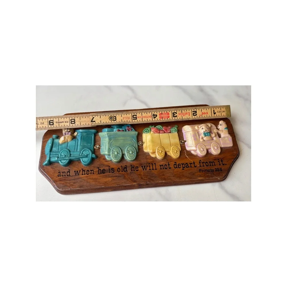 Vintage Wooden Proverbs 22:6 Child Train Wall Plaque Nursery Decor Teddy Bear